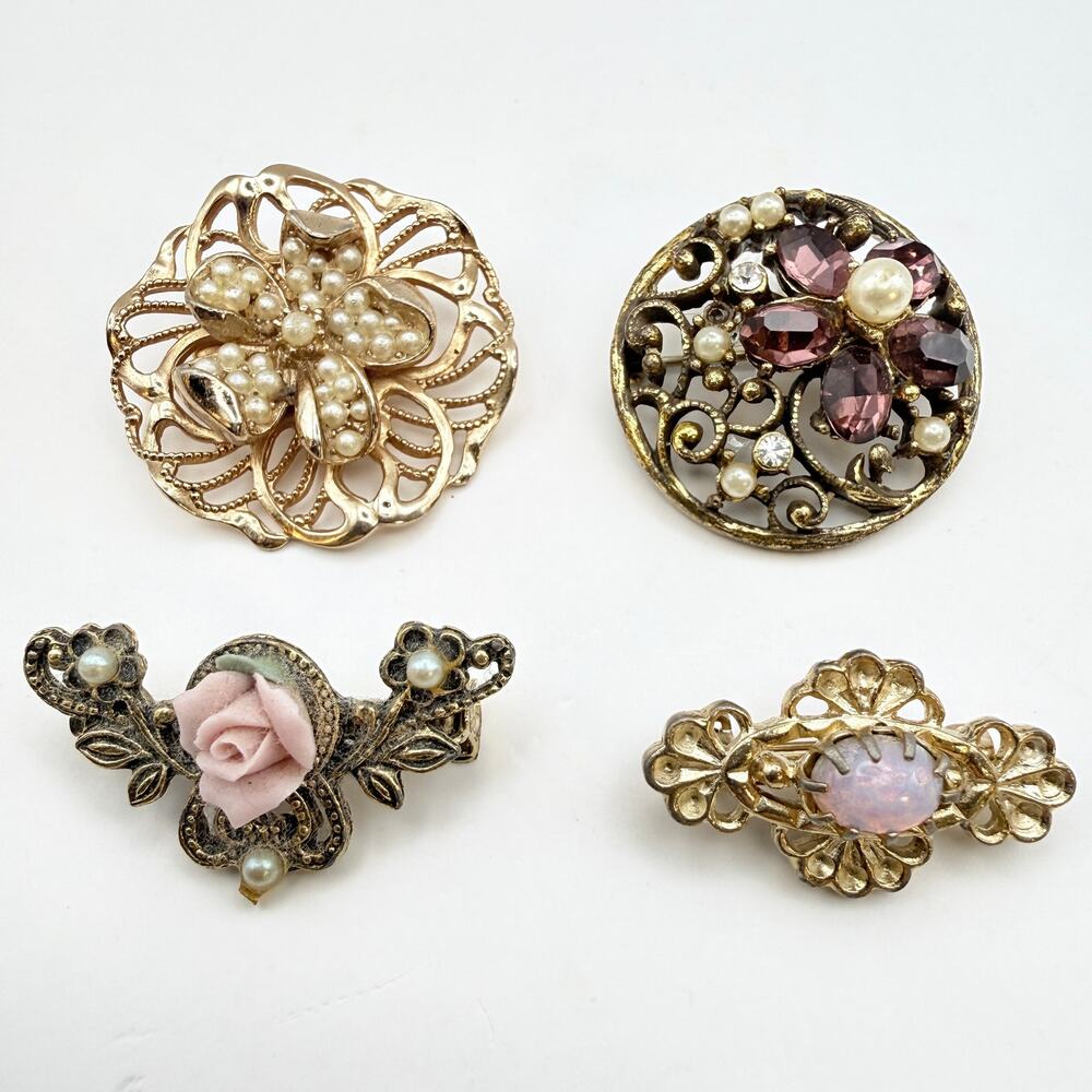Lot of 4 Vintage Mid Century Victorian Style Brooches Floral Faux Pearl Opal